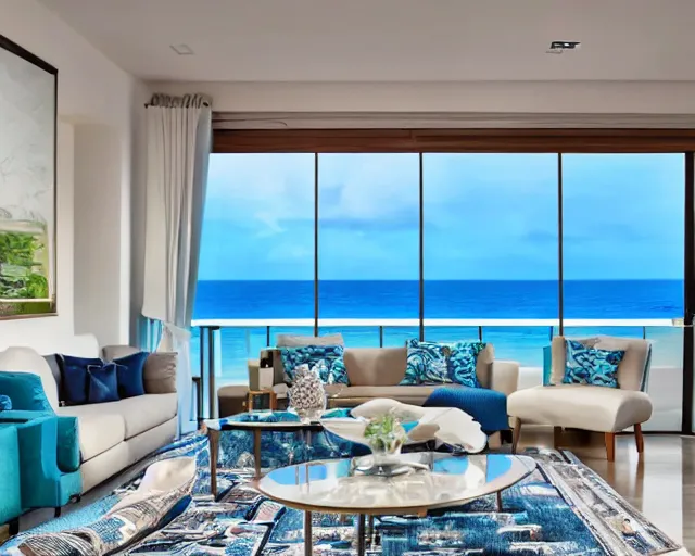 Prompt: A modern living room in a ocean hues style, ocean view, luxurious table, calm, relaxed style, harmony, wide angle shot, 8k resolution