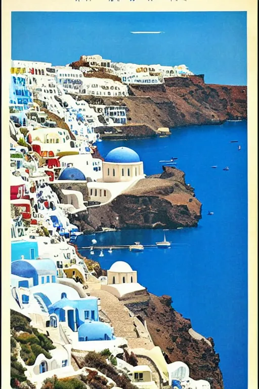 Image similar to Vintage Travel Poster of Santorini Greece, famous blue and white churches, rule of thirds