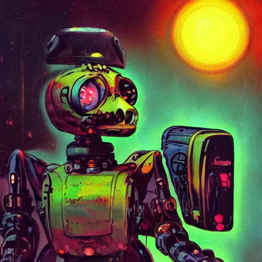 Image similar to a dark and colorful close - up of a sci - fi mecha courage the cowardly dog with led lights glowing fog in the background. highly detailed science fiction painting by norman rockwell, frank frazetta, and syd mead. rich colors, high contrast, gloomy atmosphere, dark background. trending on artstation