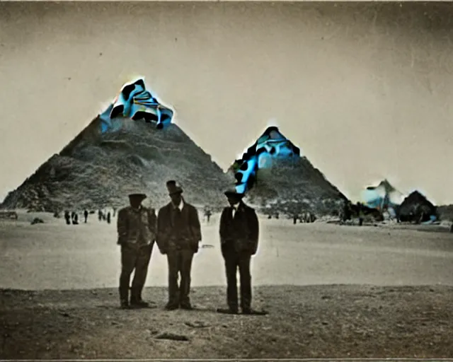 Image similar to a photo from the early 1900s of people standing in front of a UFO, behind them are the Pyramids at Giza