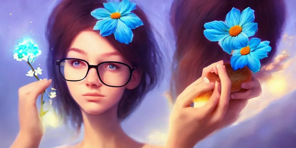 Image similar to epic professional digital art of a bread toast!!! wearing 👓!!!! and a blue flower!!!!, best on artstation, cgsociety, wlop, cosmic, epic, stunning, much detail, much wow, masterpiece, backlight