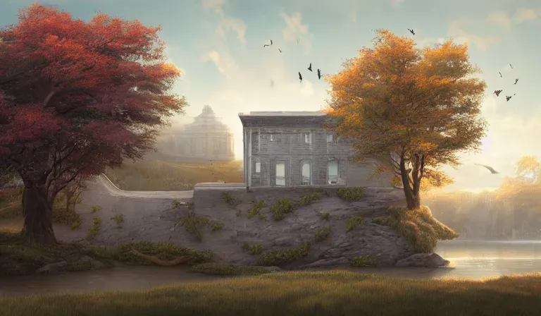Prompt: A serene landscape with a singular building in the style of happy and joyful matte painting
