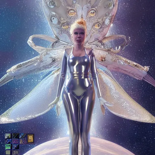 Prompt: portrait of barbarella queen of the galaxy, silver space suit, intricate, bloom, detailed, volumetric lighting, sharp focus, photorealism, highly detailed, concept art, unreal engine 5 rendered, octane rendered, art style by klimt and nixeu and ian sprigger and wlop and krenz cushart