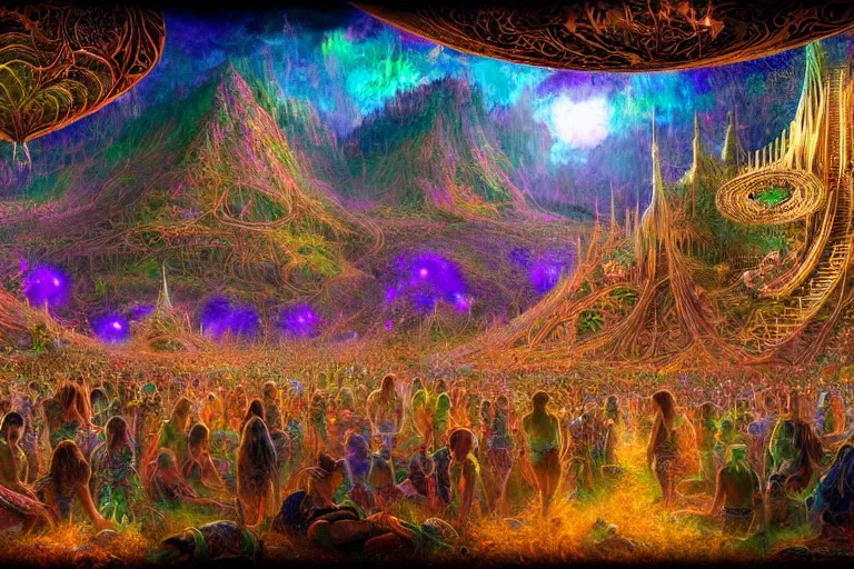 Image similar to a beautiful and highly detailed digital painting of psytrance festival in a secret valley, psychedelic patterns, intricate details, epic scale, 8 k, sharp focus, photorealism, artstation, cgsociety, by caspar friedrich, james gurney, alex grey, brian froud,