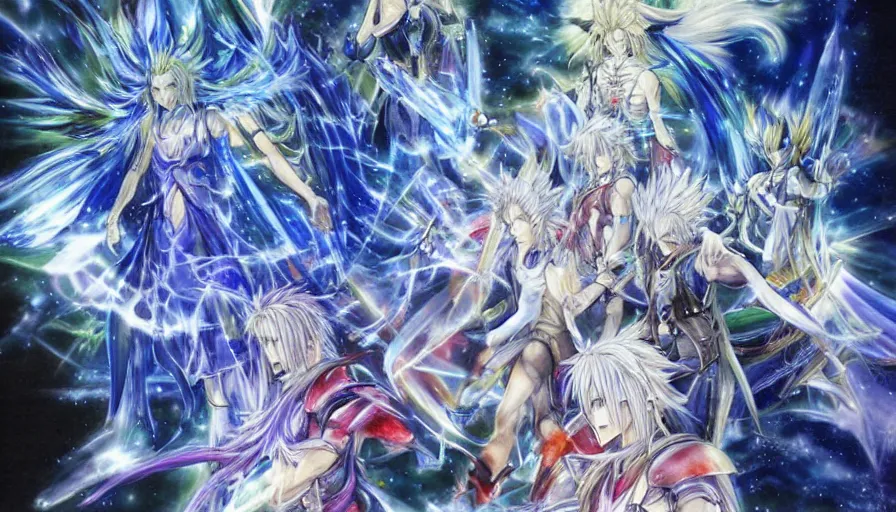 Image similar to Water Color double exposure of The God Particle in the Goddess Harmony Dissidia by Yoshitaka Amano