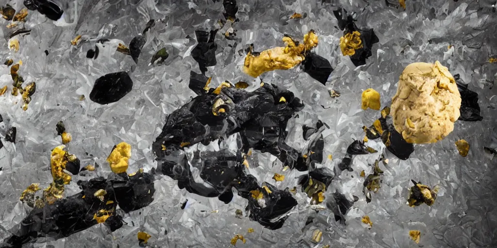 Image similar to abstract composition representing a panther created by a mixture of pistachio ice cream, black marble, dandelions and coca cola being thrown around by centrifugal forces, brilliant museum sculpture, award winning photo, 4k