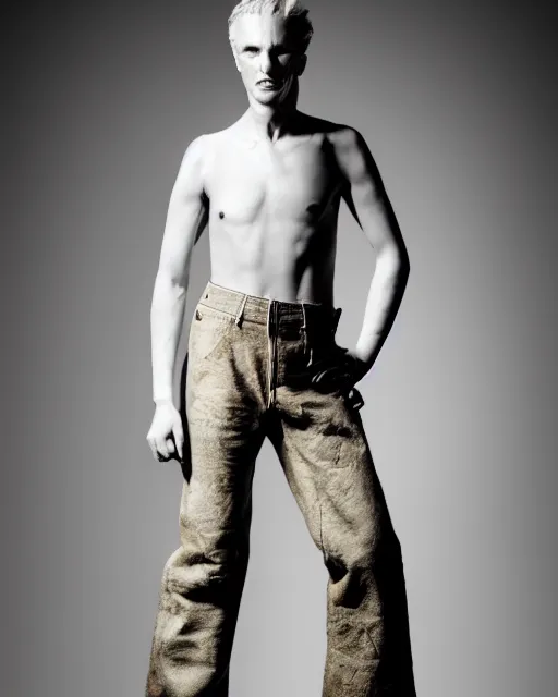 Image similar to an award - winning photo of an ancient male model wearing a plain boot cut flared distressed medieval designer menswear trousers designed by alexander mcqueen, 4 k, studio lighting, wide angle lens, 2 0 0 4