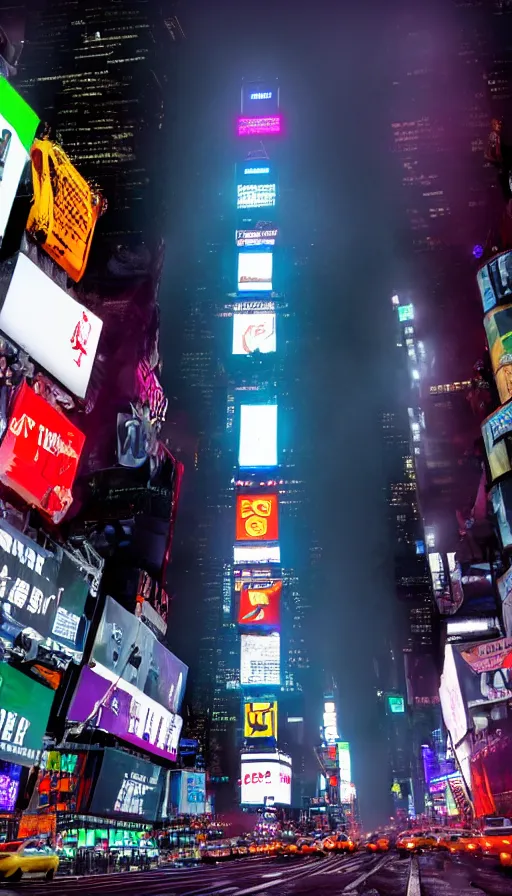 Prompt: 8k high resolution photograph of cyber punk New York Times Square on a foggy night, futuristic,