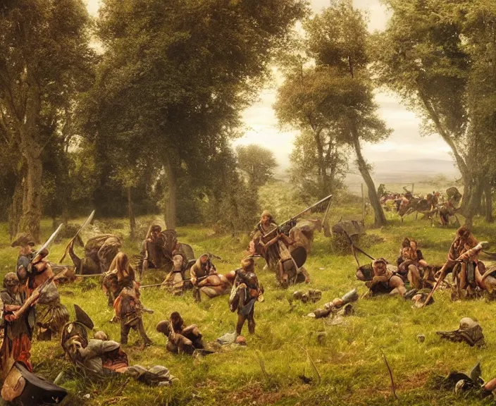 Prompt: a peaceful encampment of barbarian men in an irish meadow, art by denys tsiperko and bogdan rezunenko, hyperrealism