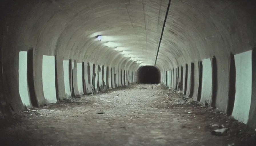 Image similar to 60s movie still of empty tunnel with toilets sieges, cinestill 800t 50mm eastmancolor, liminal Space style, heavy grain-s 150