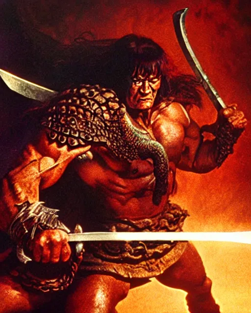 Image similar to closeup Photo of Conan the Barbarian fighting a dragon with a sword in a dungeon, rim lighting, octane, Frank frazetta, Edgar Rice Burroughs,