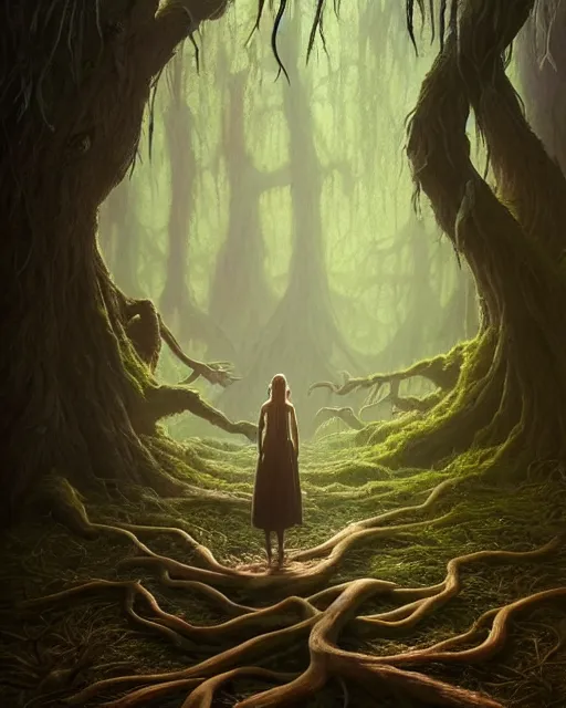 Image similar to highly detailed surreal vfx portrait of a cursed monster in a shadowy forest by a willow tree, stephen bliss, unreal engine, greg rutkowski, loish, rhads, beeple, makoto shinkai and lois van baarle, ilya kuvshinov, rossdraws, tom bagshaw, alphonse mucha, global illumination, detailed and intricate environment