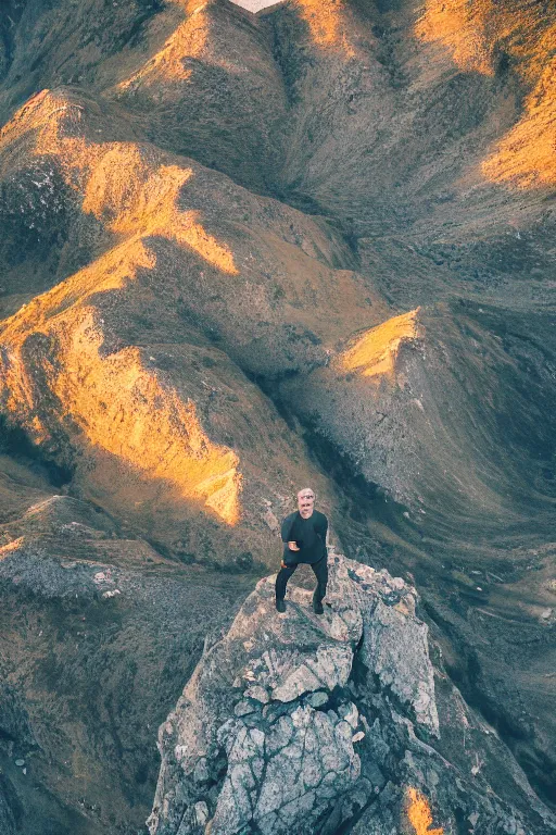 Image similar to a movie still of a man standing on the top of a mountain landscape at sunset, drone shot, golden hour
