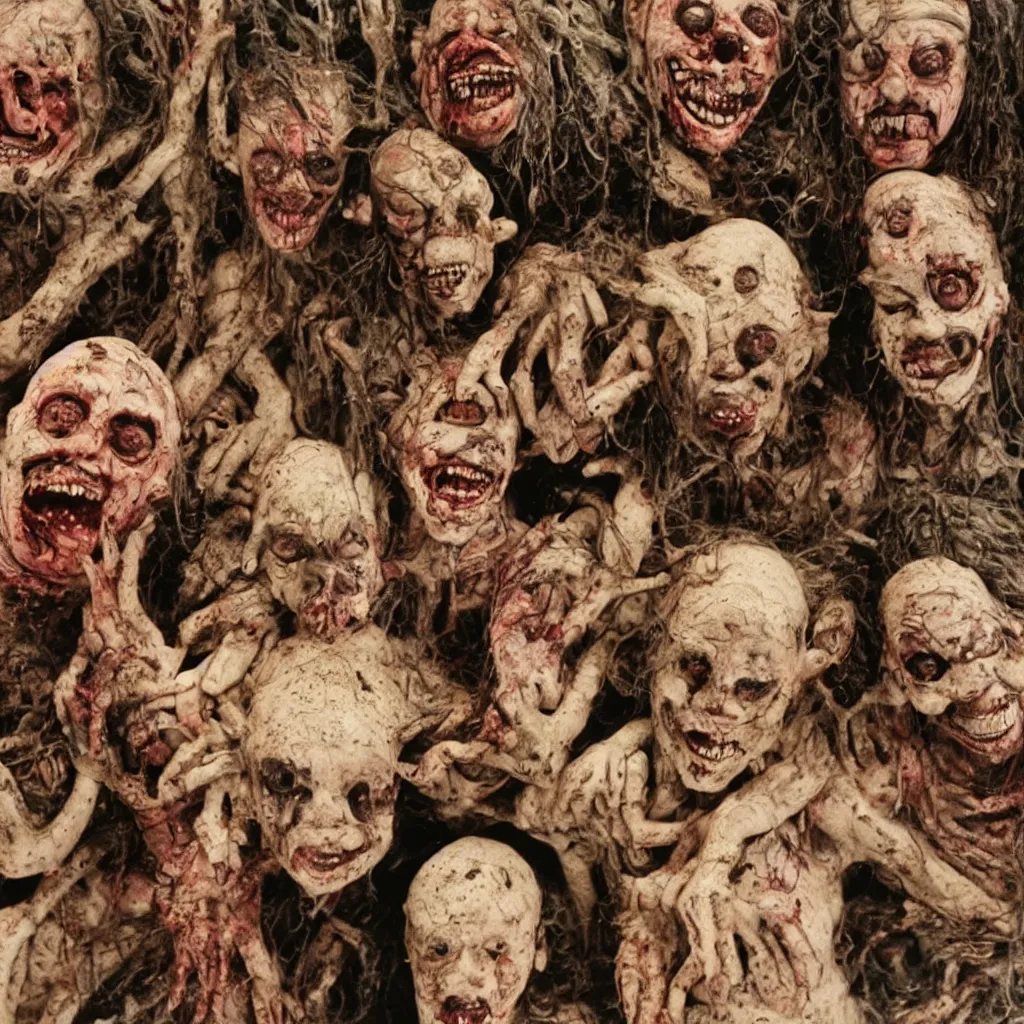 Image similar to portrait of a happy creepy mud clay people in supermarket by bob bottin and cronenberg, horror grotesque, realistic detailed photography, filth and grim, colorized 1 9 9 0's