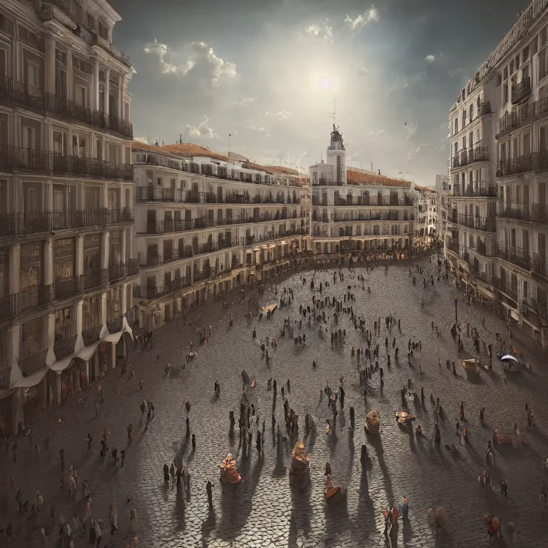 Image similar to a old square in madrid full of people, dream - like atmosphere, symmetrical baroque painting, perfect composition, beautiful detailed intricate insanely detailed octane render trending on artstation, 8 k artistic photography, photorealistic, soft natural volumetric cinematic perfect light, chiaroscuro, award - winning photograph, masterpiece, raphael, caravaggio, greg rutkowski, beeple