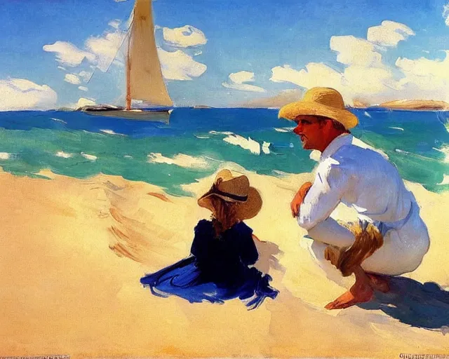 Image similar to a couple and a girl toddler on a beach in sardinia looking at a sailing boat, the man is wearing a panama hat, the woman has long dark hair, white sand, blue sky, summer, white and blue, painting by joaquin sorolla