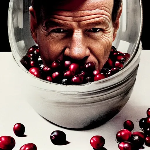 Prompt: tiny bryan cranston's body is a bowl of cranberries, head submerged in cranberries, natural light, sharp, detailed face, magazine, press, photo, steve mccurry, david lazar, canon, nikon, focus