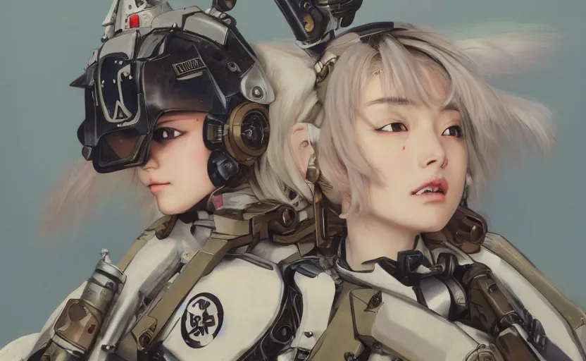 Image similar to mechanized valkyrie girl, anime style, airforce gear, vintage clothing, in valhalla, short hair, hair down, symmetrical facial features, from arknights, hyper realistic, 4 k, rule of thirds, extreme detail, detailed drawing, trending artstation, hd, d & d, realistic lighting, by alphonse mucha, greg rutkowski