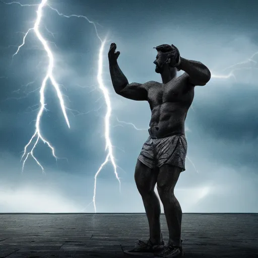 Prompt: zeus with his hand in the air calling down a lighting strike, 8k super detailed, highly detailed, ultra hd, professional digital art, artistic, cinematic,