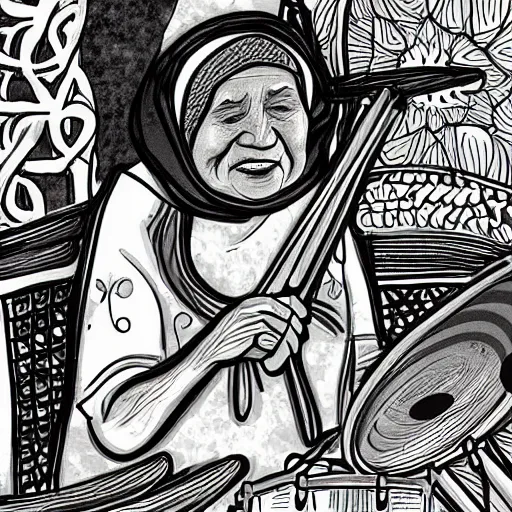 Prompt: a babushka playing drums, some people in the background are doing yoga to the beats, digital art