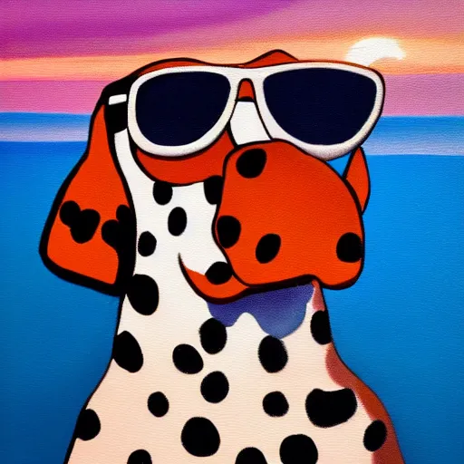 Prompt: oil painting of a dalmatian dog smoking with sunglasses, in the sunset, beautiful light 8 k