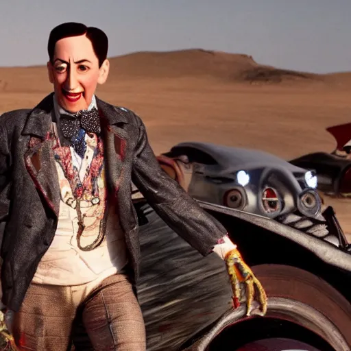 Image similar to pee wee herman as a mad max villain, movie still, highly detailed, high quality, 8 k, realistic face