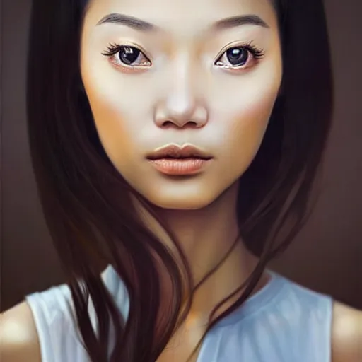 Image similar to beautiful portrait of an enthusiastic, dainty, slim, delighted vietnamese, ( waitress ) girl, stunning, intelligent, fashionable, vivid!!, sharp, crisp, ultra ambient occlusion, reflective, universal shadowing, fantasy art, extremely even lighting, art by wlop, vladimir kush!!, ilya, kevin hong!!, yasar vurdem