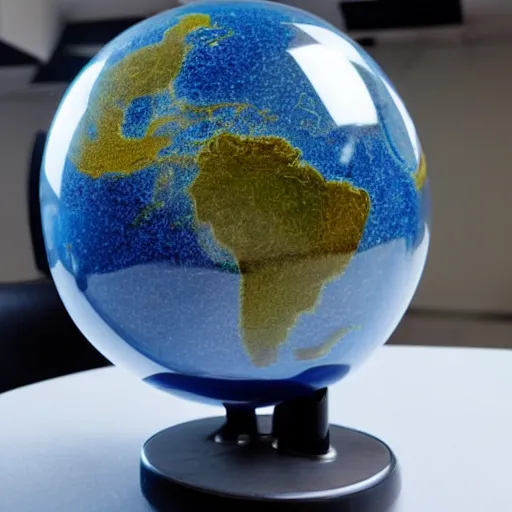 Prompt: photograph of a glass globe, a beautiful model of an alien planet, sitting on a desk in a stylish office