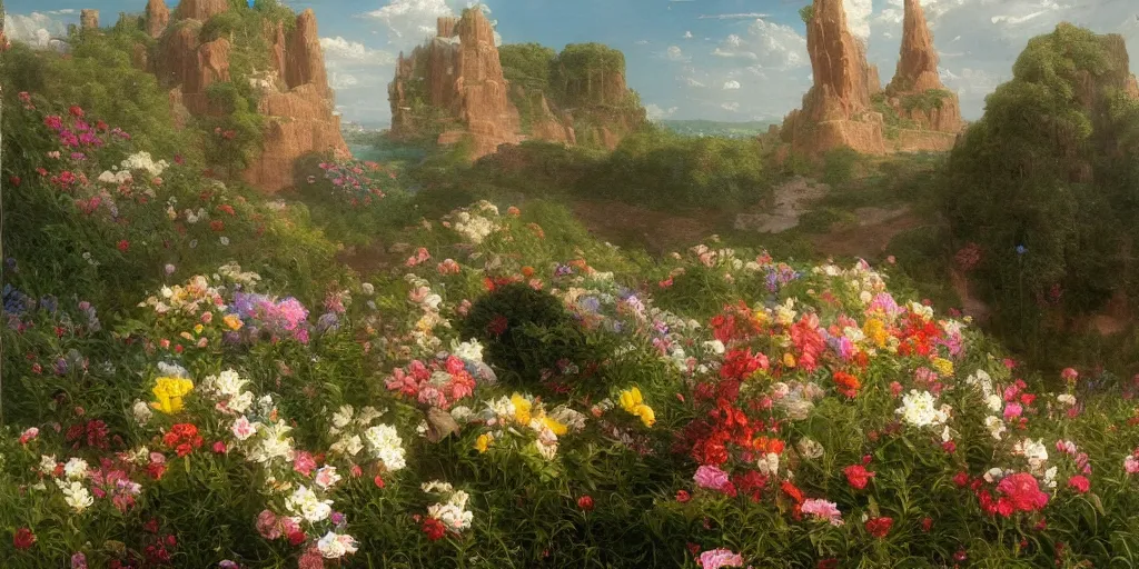 Prompt: Thomas Cole, artgem, Tyler Edlin and Jean Delville, wide angle, minimalistic, robot head with flowers growing out, highly detailed, masterpiece