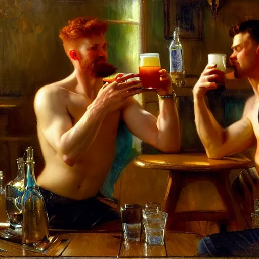 Prompt: attractive mike, wearing pants, with ginger hair with attractive tyler with brunet hair, drinking their hearts out, in a pub, no shirt. very defined and highly detailed painting by gaston bussiere, j. c. leyendecker, craig mullins 8 k
