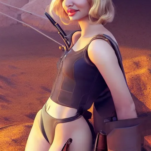 Image similar to blonde miranda kerr : : as polished sniper cosplay : : weta disney pixar movie still photo : : hi - fructose, sci fi decadent highly - detailed digital painting, golden ratio, octane render, artstation, smooth, sharp focus, artgerm, mucha, loish, wlop : :