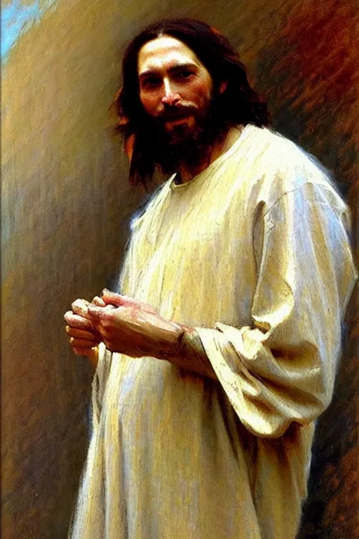 Image similar to impressionist brushstrokes!!!!!!!!! solomon joseph solomon and richard schmid and jeremy lipking victorian loose genre loose painting full length portrait painting of jesus with a slight smile happy inviting