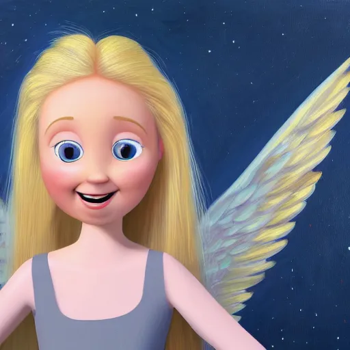 Image similar to a painting of an angel, a young woman with long blond hair and a halo smiling in heaven, wearing a black top and gray multi - color dress, pixar, animated