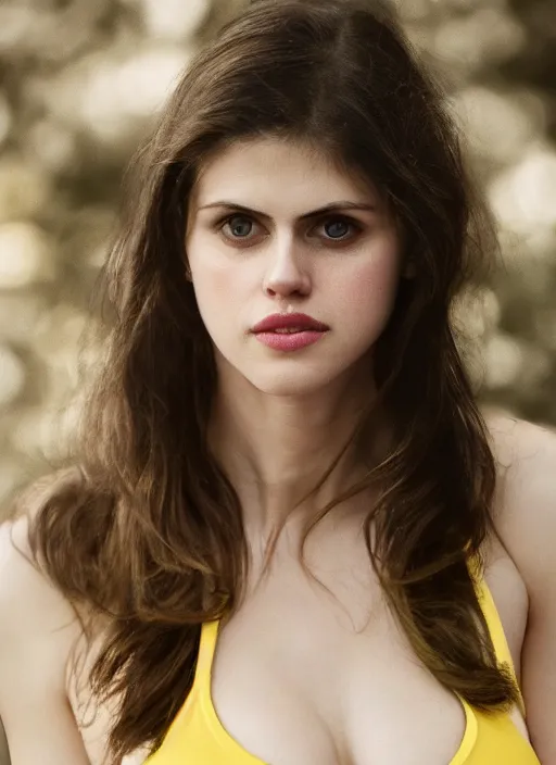 Prompt: cinematic photography of pregnant alexandra daddario in a yellow bikini, intricate, elegant, highly detailed, smooth, sharp focus, symmetrical face, fine details, masterpiece, trending on artstation, 4 k hdr 3 5 mm photography