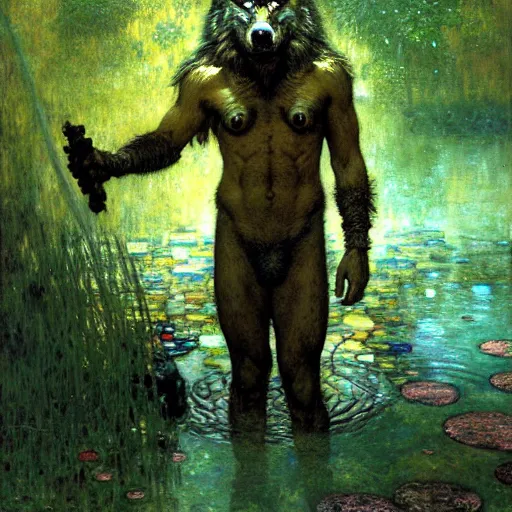 Prompt: portrait of a male wolf wolfman in a pond. shadowrun furaffiniy cyberpunk fantasy highly detailed painting by gaston bussiere craig mullins jc leyendecker gustav klimt artgerm greg rutkowski john berkey, bergey, craig mullins, ruan jia, raymond swanland, jeremy mann, tom lovell, alex malveda