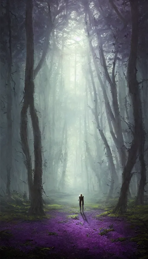 Prompt: Hyper realistic oil painting of a future sci-fi ancient god on the middle of a forest with a lot of purple trees holding a portal that's about to explode, fog, volumetric lighting, sunny day, by Greg Rutkowski and Diego Velázquez
