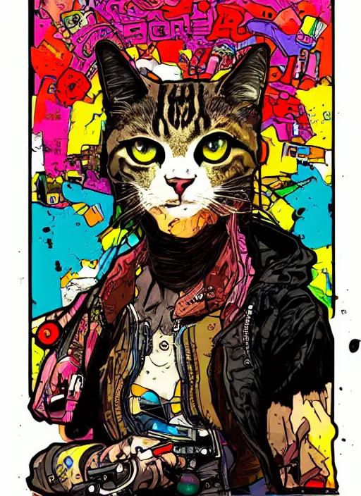 Image similar to cyberpunk cat cyborg portrait illustration, pop art, splash painting, art by geof darrow, ashley wood, alphonse mucha, makoto shinkai