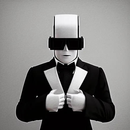 Image similar to “ full body portrait of a robot wearing a tuxedo, depth of field, zeiss lens, detailed, symmetrical, centered, fashion photoshoot, by annie leibovitz and steve mccurry, david lazar, jimmy nelsson, breathtaking, 8 k resolution, extremely detailed, beautiful, establishing shot, artistic, hyperrealistic, beautiful face, octane render ”