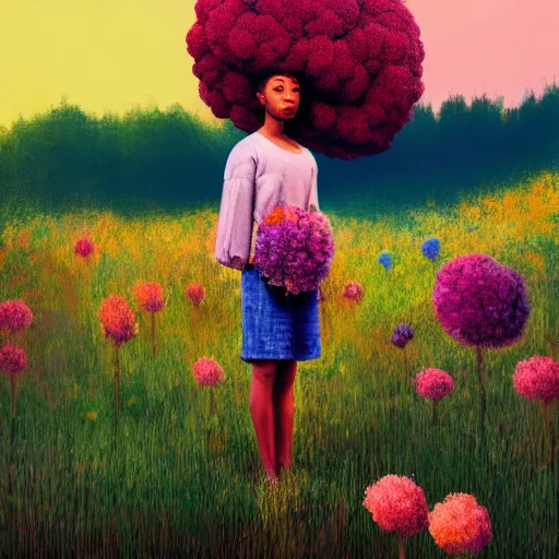 Prompt: afro made of flowers, full body, girl standing in the middle of a field with flowers, surreal photography, hills, big trees, sunrise dramatic light, impressionist painting, colorful clouds, digital painting, pointillism, artstation, simon stalenhag