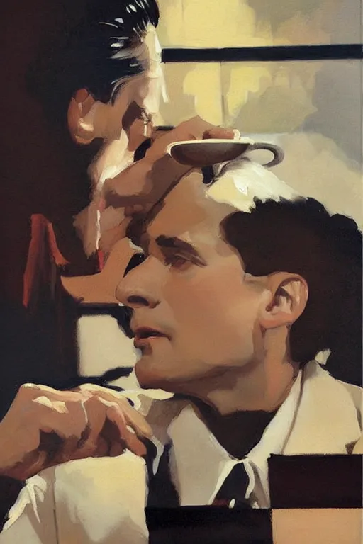 Prompt: dale cooper drinking coffee, coffee reflection, painting by jc leyendecker!! phil hale!, angular, brush strokes, painterly, vintage, crisp