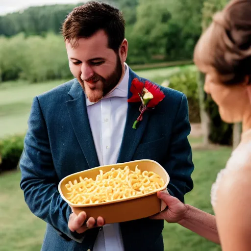 Image similar to a man brings a tupperware of macaroni to a wedding