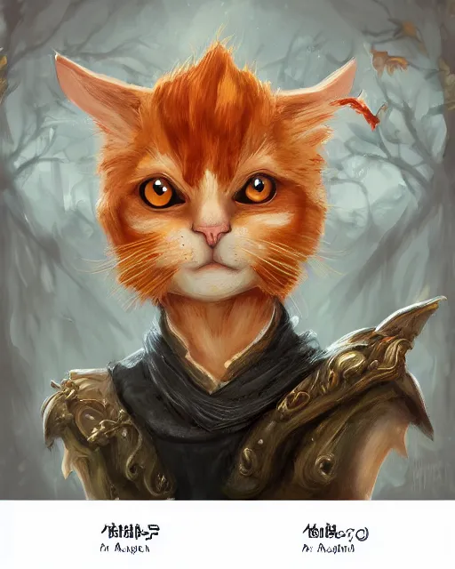 Image similar to High Fantasy whimsical portrait painting of a wise anthropomorphic humanoid ginger cat with big bushy eyebrows, upper body, wearing fantasy formal clothing, wearing fantasy clothing, cgsociety, trending on artstation, dnd