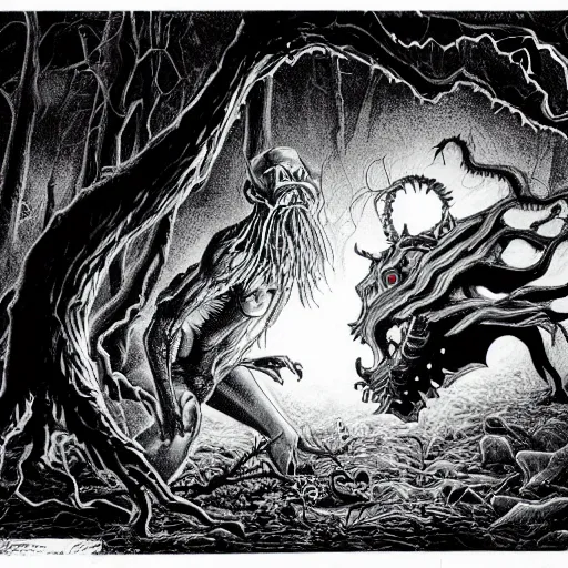Prompt: a highly detailed photorealistic drawing of an amorphous shadow monster with glowing eyes in human form hiding in the dark haunted woods at night, by arthur adams and sam kieth and bill sienkiewicz, 4 k hdr