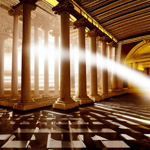 Image similar to photo, god's rejected first draft of humanity, inside a heavenly neo - futuristic greek revival beautiful cloud city with large white marble columns, golden hour lighting, god rays, volumetric lighting and fog