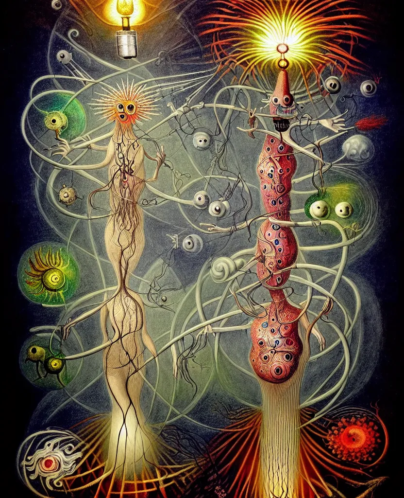 Image similar to whimsical freaky creature sings a unique canto about'as above so below'being ignited by the spirit of haeckel and robert fludd, breakthrough is iminent, glory be to the magic within, painted by ronny khalil