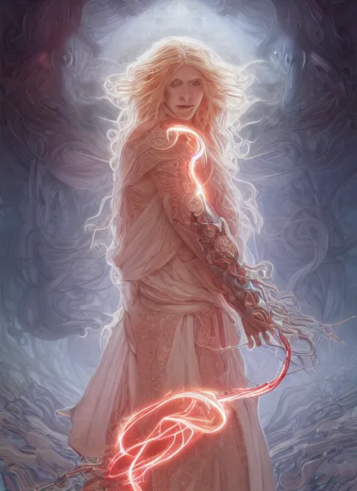 Image similar to cthonic resonance, red and white glowing fractals, genetically augmented pale white young man with long fluffy blond curly hair, fantasy, extremely detailed, digital painting, artstation, concept art, smooth, sharp focus, illustration, stunning lighting, art by artgerm and greg rutkowski and alphonse mucha and simon stalenhag, realistic character concept, high fantasy, dark atmosphere, golden ratio, cinematic lighting, hyperdetailed, high resolution, insanely detailed and intricate, artstation, Marc Simonetti, Greg Rutkowski, 8k