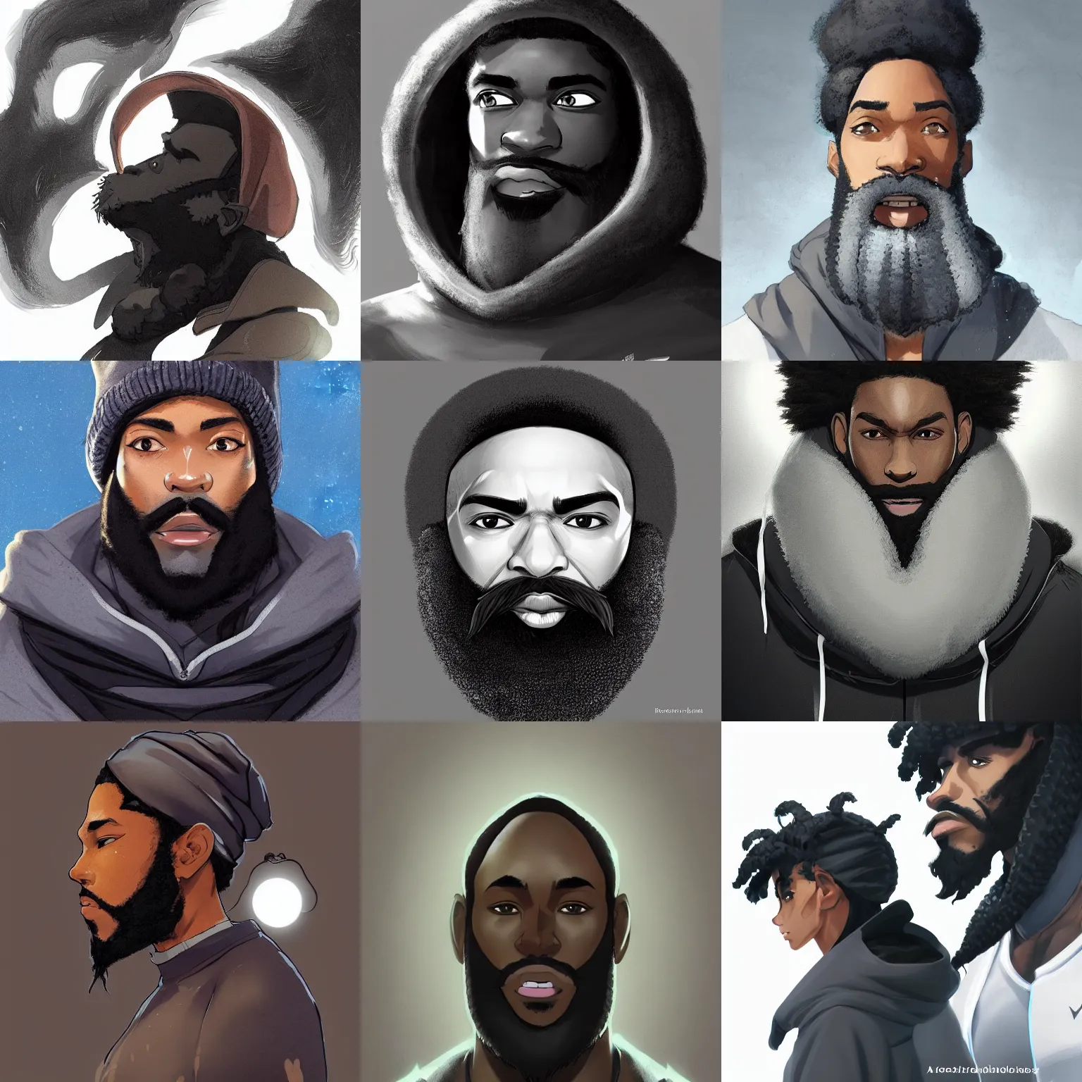 Prompt: concept art render portrait of a handsome black athlete with a big beard wearing a dark gray durag and a black puffer winter coat, beautiful, fantasy, white background, cinematic lighting, artstation, trending, highly detailed, focus, smooth, by studio ghibli, rossdraws, hirohiko araki, conrad roset, yoshitaka amano