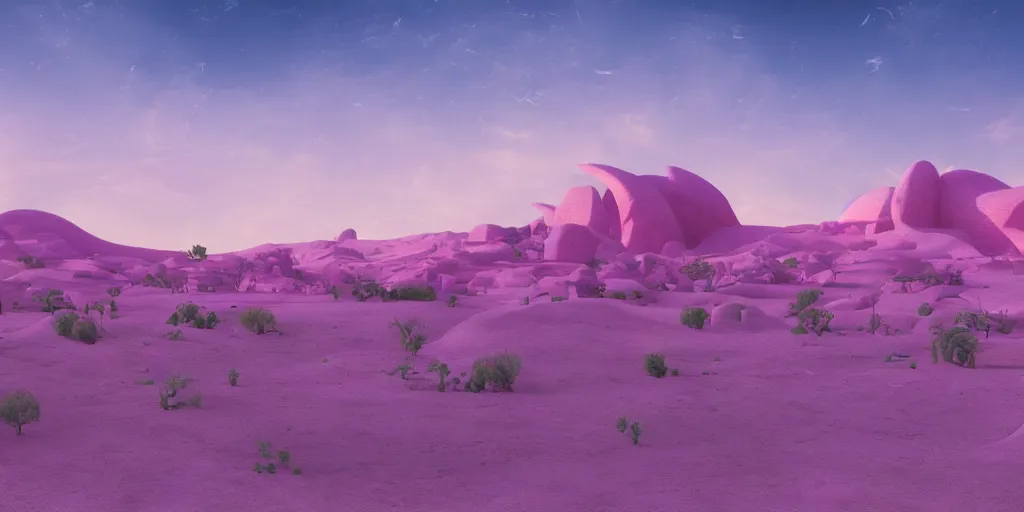 Prompt: artistic rendering of a cinematic shot of a scifi fantasy desertscape, beautiful pink sky, a purple - blue brutalist bulding, processing the soul of an ancient alien