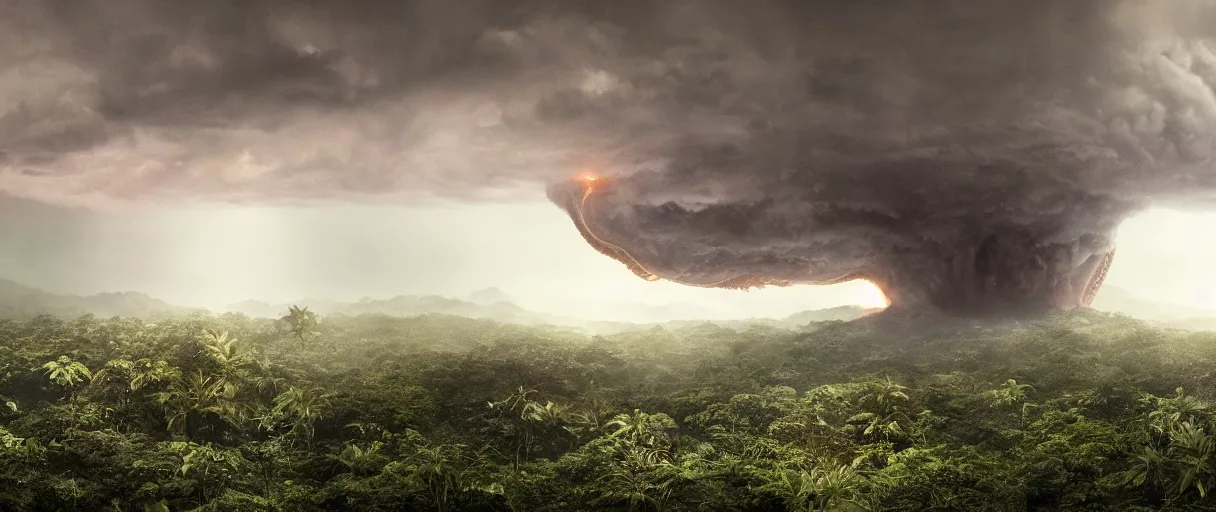 Image similar to a giant octopus god emerging over a rain forest, lightning, ambient sun, a volcano erupts, still from the movie the arrival, 8k