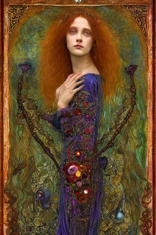 Prompt: preraphaelite upper body portrait sigil with the intent of remembering compassion lovecraftian red queen by agostino arrivabene, klimt, gustave moreau, gilded. floral, biomechanical illuminated text ornaments and gems hdr 8 k 3 d dslr hdr trending on artstation rendered with cryengine